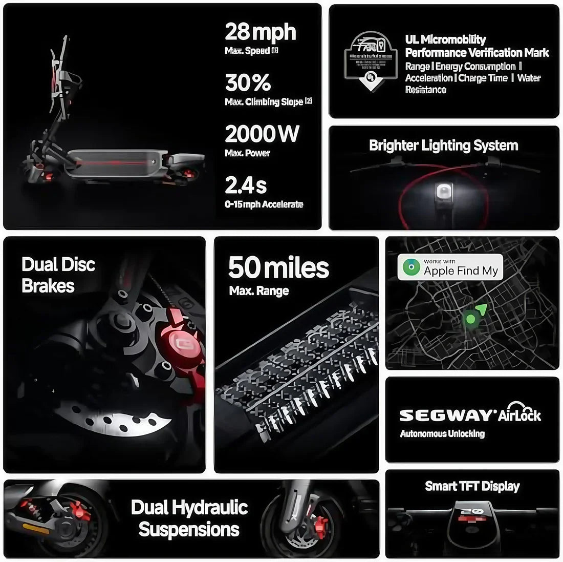 G3 Electric Scooter - 50mi Range, 28mph, 2000W Dual Suspension | Smart TFT Display, Apple Find My, Fast Charge, Self-Sealing Tires