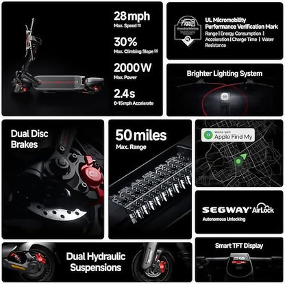 G3 Electric Scooter - 50mi Range, 28mph, 2000W Dual Suspension | Smart TFT Display, Apple Find My, Fast Charge, Self-Sealing Tires