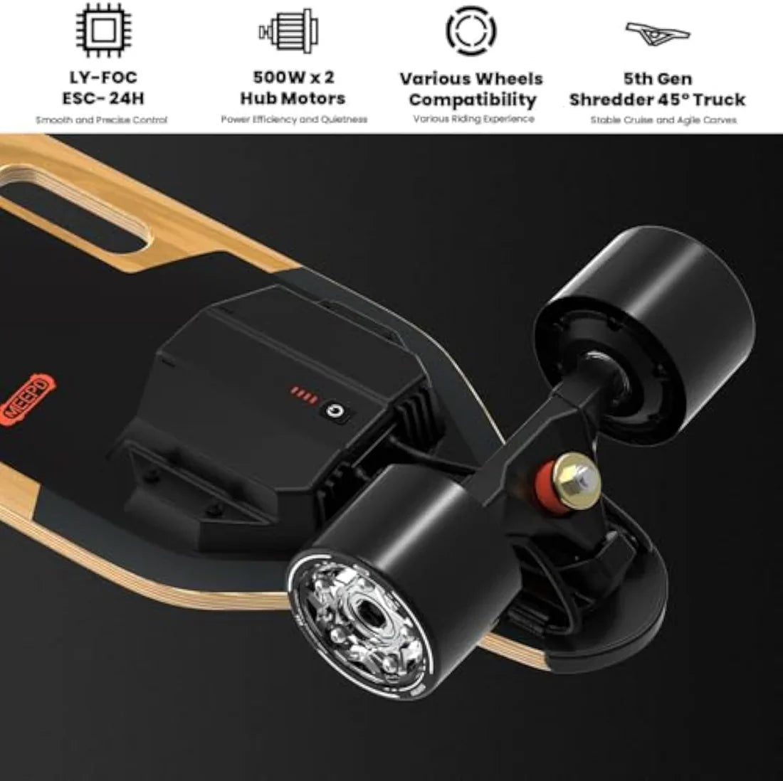 Meepo Campus V5/Envy E-Skateboard – 29 MPH, 4-Speed Control, Remote Included | Lightweight & Portable Handle Design